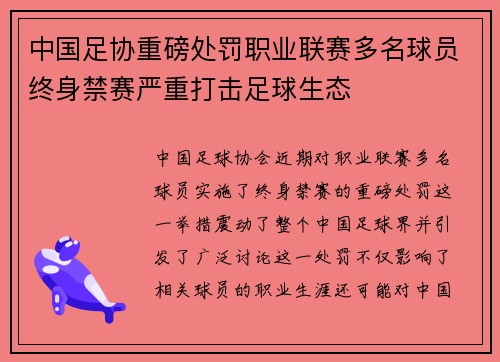 中国足协重磅处罚职业联赛多名球员终身禁赛严重打击足球生态