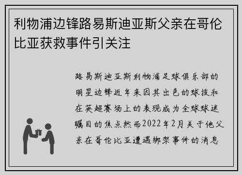 利物浦边锋路易斯迪亚斯父亲在哥伦比亚获救事件引关注