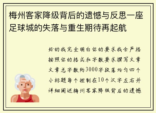 梅州客家降级背后的遗憾与反思一座足球城的失落与重生期待再起航